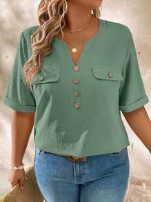 Momelise Casual Notched Collar Wood Button Decoration Plus Size Short Sleeve Shirt - Green - View 3