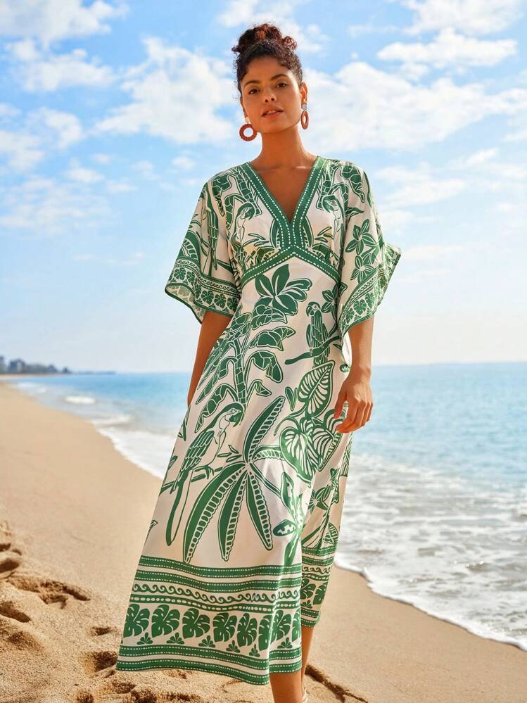 Travachic Tropical Print Dress, Fashionable Summer Wear,Summer Dresses For Women, Tropical Vacation, Bohemian Outfits, Ibiza Outfits, Western Style - Green - View 2
