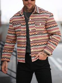 Manfinity Homme Men's Vintage Textured Jacquard Pattern Casual Shirt Jacket With Large Front Pockets, Fashionable Design - Red - View 1