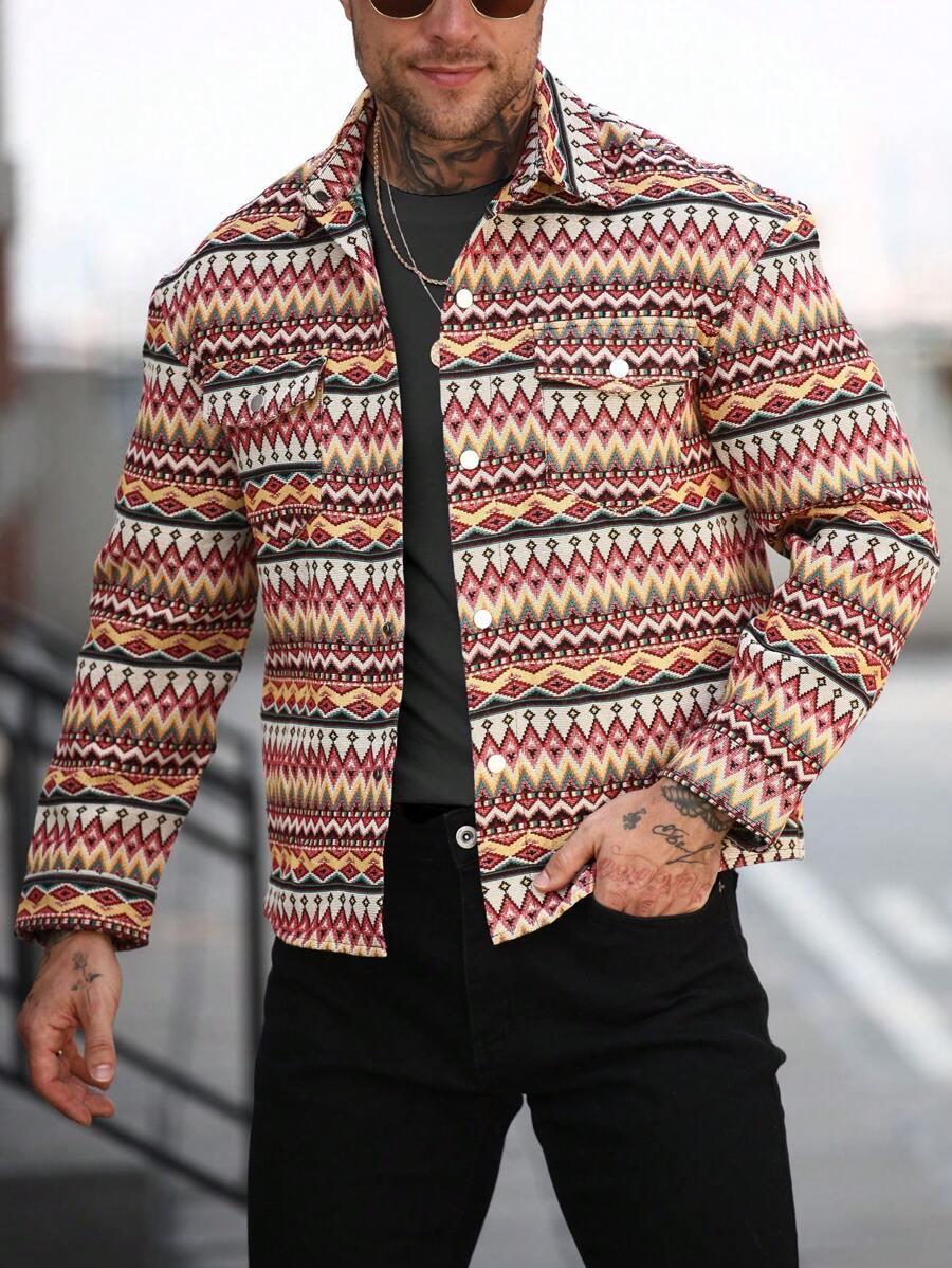 Manfinity Homme Men's Vintage Textured Jacquard Pattern Casual Shirt Jacket With Large Front Pockets, Fashionable Design - Red - View 1