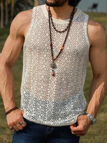 Manfinity Homme Men's Hollow Flower Textured Fabric Tank Top - Khaki - View 1