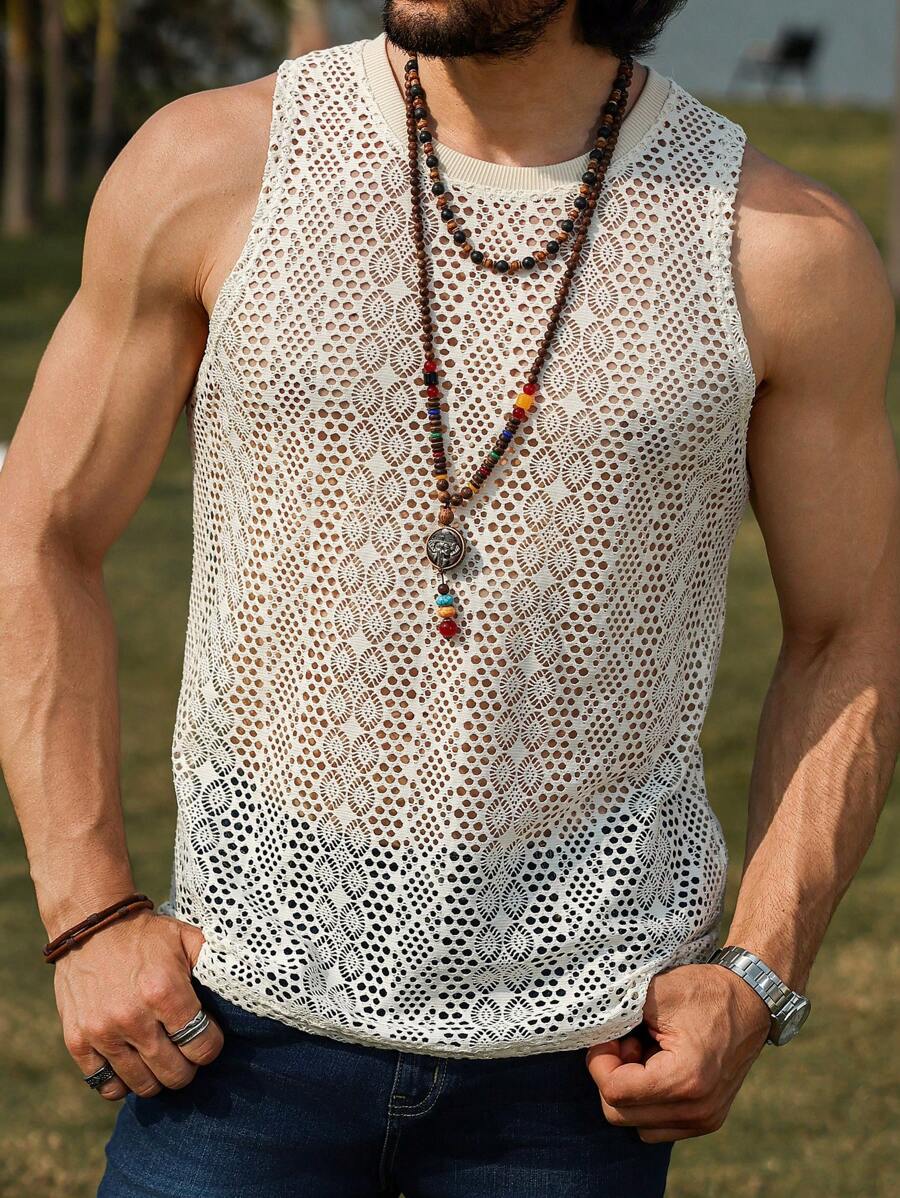 Manfinity Homme Men's Hollow Flower Textured Fabric Tank Top - Khaki - View 1