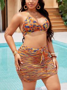 Slaydiva 2 Pieces Set Women Plus Size Crochet Knit Sleeveless Top And Skirt, Casual Fashionable Beach Resort Cover Up For Summer Beach Vacation - Multicolor - View 4