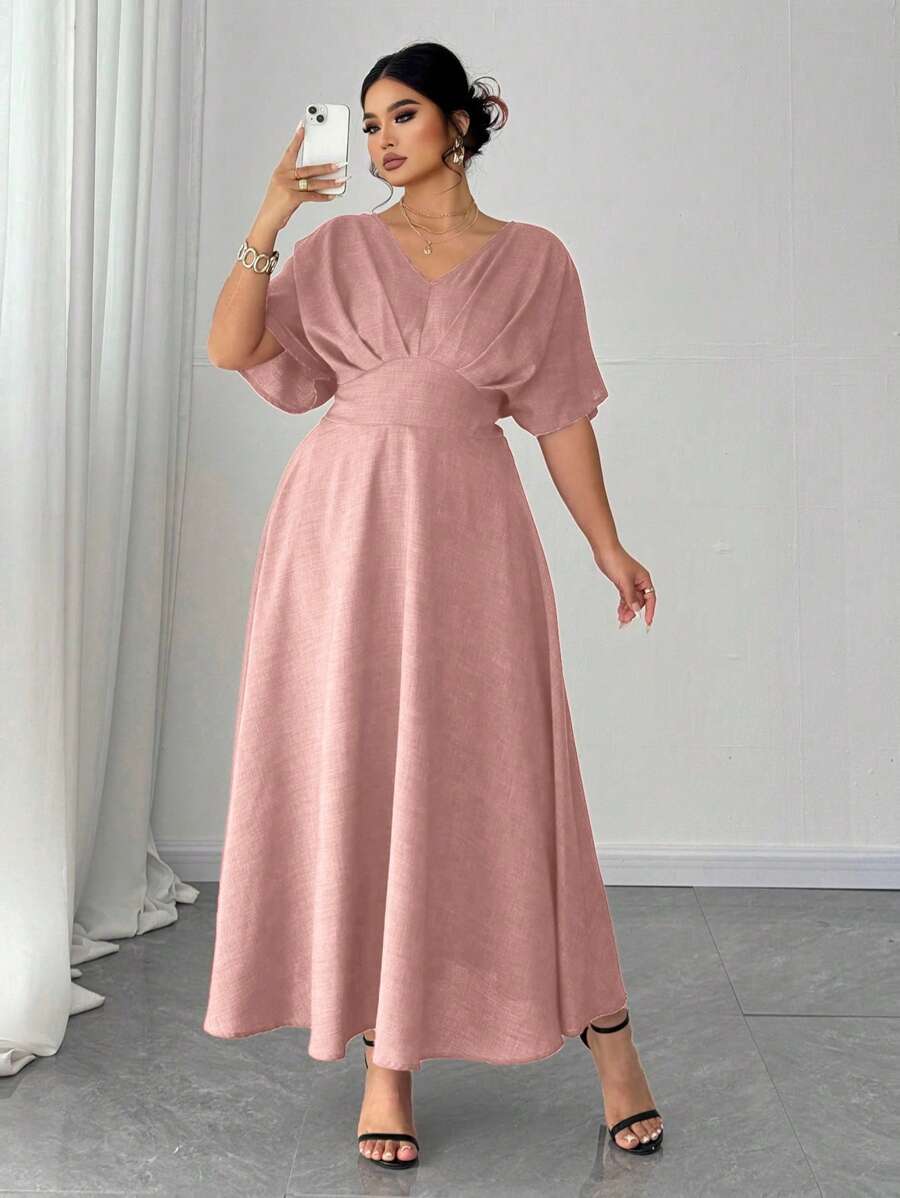 Elenzga Plus Size V-Neck Solid Color Short Sleeve Casual Dress, Simple & Fashionable For Everyday Wear,Valentine