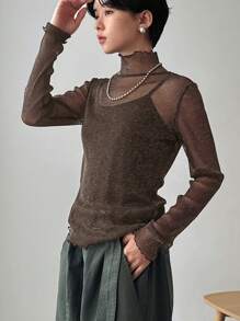FRIFUL Women's Fashionable Glitter Mesh Fitted Blouse Sheer Long Sleeve Women Tops - Brown - View 3