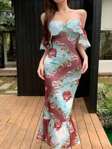 DAZY Vestido de sirena con bajo con volantes, hombros descubiertos, ajustado y calado de encaje, estampado artístico vintage con estampado de flores diminutas en gasa, con chal y volantes