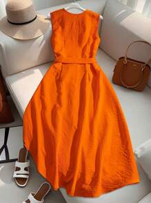 Franclia Premium French Style Sleeveless Single-Breasted Orange Casual Dress - Orange - View 2