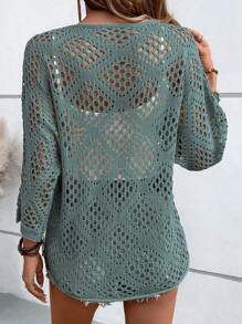 EMERY ROSE Women's Plain Crew Neck Batwing Sleeve Loose Hollow-Out Sweater Knit Pullover Fall Winter - Cadet Blue - View 2