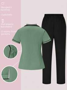 TaskEZ 2pcs Contrast Trim Casual Short Sleeve Top And Solid Color Pants Uniform Set, Scrub Sets - Mint Green - View 2