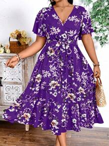 EMERY ROSE Plus Size Holiday Floral Print Dress Maxi Women Outfit - Violet Purple - View 1