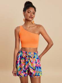 Travachic Set de 2 piezas Conjunto de top de tirantes finos de unicolor y shorts con estampado total para mujer, conjuntos de vacaciones para mujeres, conjunto de dos piezas para mujer