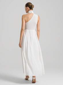 Ontre 2025 Damen Sommer einfarbiges Maxikleid mit 3D Blumendekoration, ärmellos, elegant, vielseitig für den Sommer, weißes Langes Kleid, minimalistischer Resort-Stil, bequemes Design, elegant & romantisch, geeignet für Partys, Hochzeiten, rückenfreies Design, elastischer Rücken, Stehkragendesign - Weiss - Übersicht 5