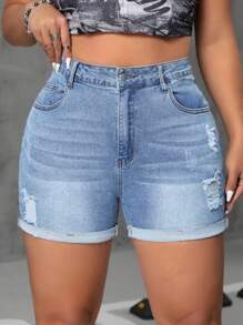 SHEIN ICON Shorts di jeans casual versatili con tasche e effetto invecchiato, taglie comode per donna - Lavaggio chiaro - Visualizzare 1