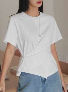 Dazy-Less 夏季休闲办公女式T恤，扭结设计，不对称纽扣，商务休闲风格 - 白色 - 查看 6