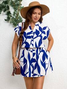 SHEIN LUNE Plus-Size Summer Boho Jumpsuit With Asymmetrical Geometric Print For Women - Blue and White - View 6