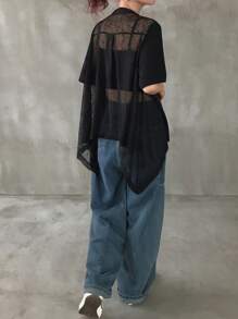 FRIFUL Femmes Chemise d'été décontractée avec col rond, en patchwork de dentelle, coupe ample et dos ouvert