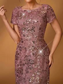 Serin 优雅奢华粉色亮片刺绣圆领泡泡袖 A 字下摆连衣裙，适合晚会、舞会、音乐节、约会、度假、婚礼、新娘母亲礼服、春夏季 - 藕粉色 - 查看 6