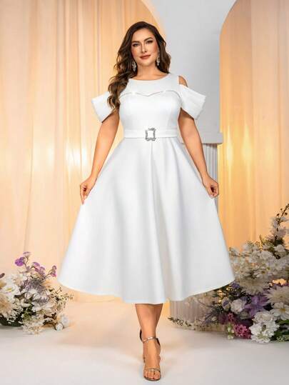 SHEIN Belle 加大码透视圆领水钻褶袖 A 字中长连衣裙，新娘结婚礼服