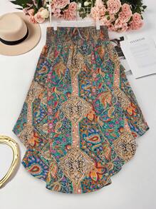 SHEIN Tall Plus Size Paisley Print Drawstring Waist Decor Beach Skirt - Multicolor - View 1