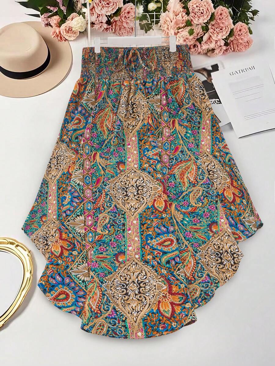 SHEIN Tall Plus Size Paisley Print Drawstring Waist Decor Beach Skirt - Multicolor - View 1