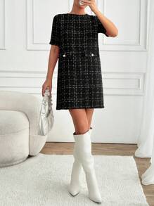 EURMUSE Plaid Pattern Front Pocket Designed Short Sleeve Zip Up Cute Dress - Black - View 3