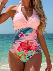 Swim Lushoire Women's Halter V-Neck Solid Color Patchwork Floral Print Twist Front One-Piece Swimsuit For Summer Beach Vacation - Pink - View 4