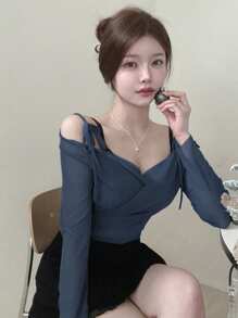 DAZY 1 Áo thun nữ tay dài phối lưới xếp ly dây mảnh màu trơn, áo màu xanh, thích hợp cho mùa hè - Màu xanh hải quân - Xem 5