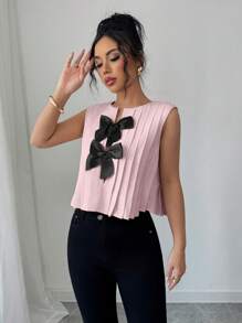 Elenzga Women's Round Neck Sleeveless Pleated Shirt With Bow Decor - Multicolor - View 4