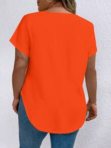 EMERY ROSE Plus Size Solid Color V-Neck Asymmetrical Hem Short Sleeve T-Shirt, Suitable For Summer - Orange - View 2