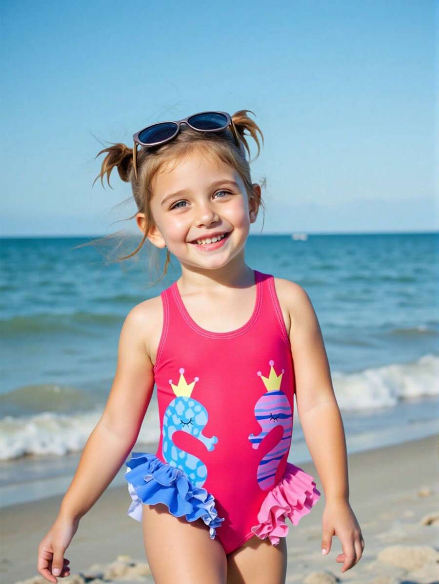 Girl (Small Size) Swimsuit With Printed Pattern And Fly Edge, One-Piece - Multicolor - View 1