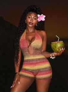 Slaydiva 新款大地色棕色镂空装饰圆形吊带紧身针织连体短裤，休闲度假风，春夏