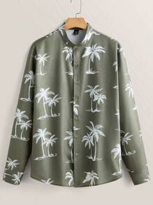 Manfinity VCAY Men's Casual Coconut Tree & Island Print Long Sleeve Shirt, Spring/Summer - Green - View 2