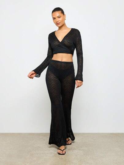 AiiRZ 透明蕾丝两件套，含裹身短款上衣和喇叭裤，节日海滩罩衫，夏季波西米亚风服装，晚会服装