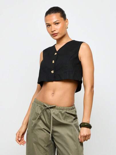 AiiRZ Chaleco corto de lino, clásico, con botones, sin mangas, para negocios, oficina, formal, festivales, verano, primavera