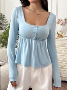 SHEIN EZwear 女式纯色长袖方领 T 恤，夏季时尚设计，娃娃装上衣 - 藍色 - 查看 6