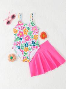 Random Floral Print Skirt Tankini Swimsuit For Young Girls Clothes Set Toddler Girls Outfit Sets Toddler Clothes 4t Toddler Girl Clothes 6t - Multicolor - View 1