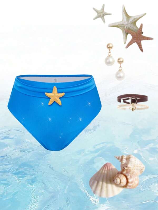 Swim Oasis Femei Mărime obișnuită Culoare uni Gold Star Ornamentată Partea de jos a costumului de baie de plajă cu talie înaltă