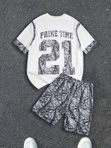 Manfinity EMRG Plus Size Men's Numeric Print Crew Neck Short Sleeve T-Shirt And Drawstring Waist Shorts Casual Set - White - View 2
