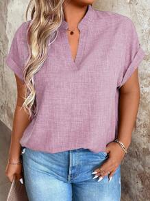 Linhara Plus Size Women's Solid V-Neck Batwing Short Sleeve Casual Blouse - Pink - View 4