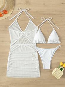 SHEIN Women's New Fashion Solid Color Elegant Sheer Long Sleeve Deep V-Neck Metal Accent Summer Beach Vacation Dress+Solid Color Spaghetti Strap Side High Cut Thong Two Pieces Bikini Set - White - View 2