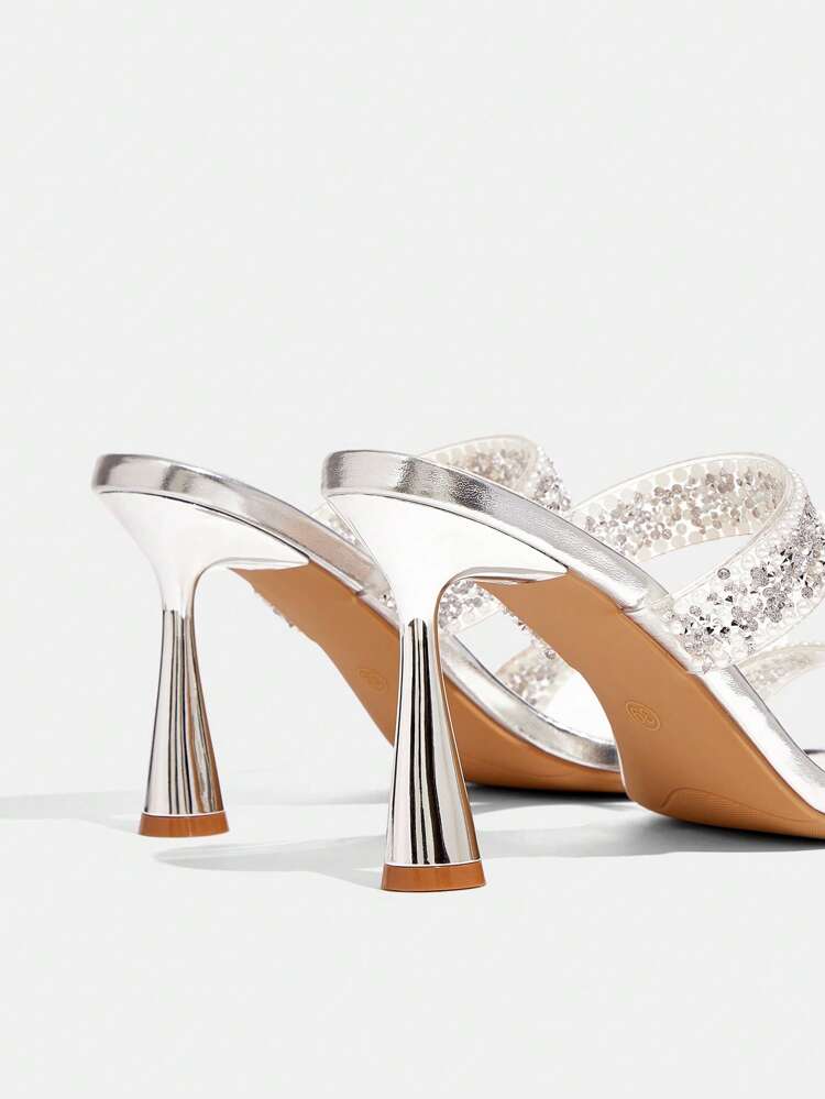 CUCCOO TILAWA Women's Silver Square Toe Rhinestone Decorated Open Toe Slip-On Sexy High Heel Sandals