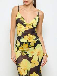 AiiRZ 热带柑橘花卉印花网眼吊带背心夏季海滩度假装围脖领无袖衬里背心度假俱乐部派对上衣 - 黑色 - 查看 4