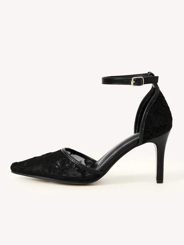 CUCCOO CHICEST Sexy Lace Mesh Peep Toe Stilettos, Versatile Strap Hollow Out Pointed Toe High Heel Pumps, Black