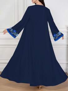 Al Najma 女士优雅简约花卉印花长袍，长袖超长款端庄长袍 - 藏蓝色 - 查看 2