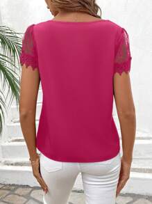 SHEIN Clasi Women's Elegant Solid Color Lace Patchwork Blouse, Summer - Hot Pink - View 2