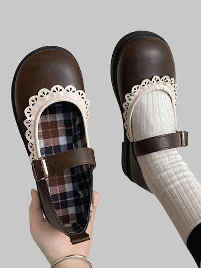 Kawaii French Retro Soft & Cute Lace Low Vamp Round Toe School Style Flat Marin Jane Comfortable Casual Leather Shoes Fall New Year Holiday Valentines Spring Shoes