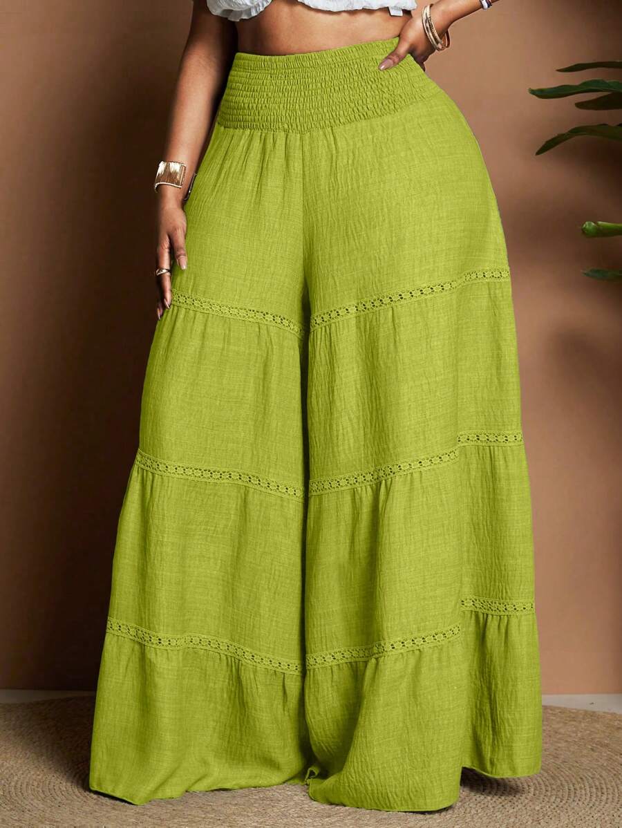 Maweii Plus Size Women Solid Color Waist Drawstring Wide Leg Pants For Vacation Fall Cloth For Women - Green - View 1
