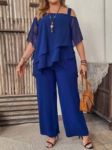 Momelise 2pcs/Set Plus Size Women Royal Blue Summer Elegant Wedding Guest Wedding Outfits,Asymmetric Collar Ruffle Hem Blouse And Pants Set Curve Clothes - Royal Blue - View 1