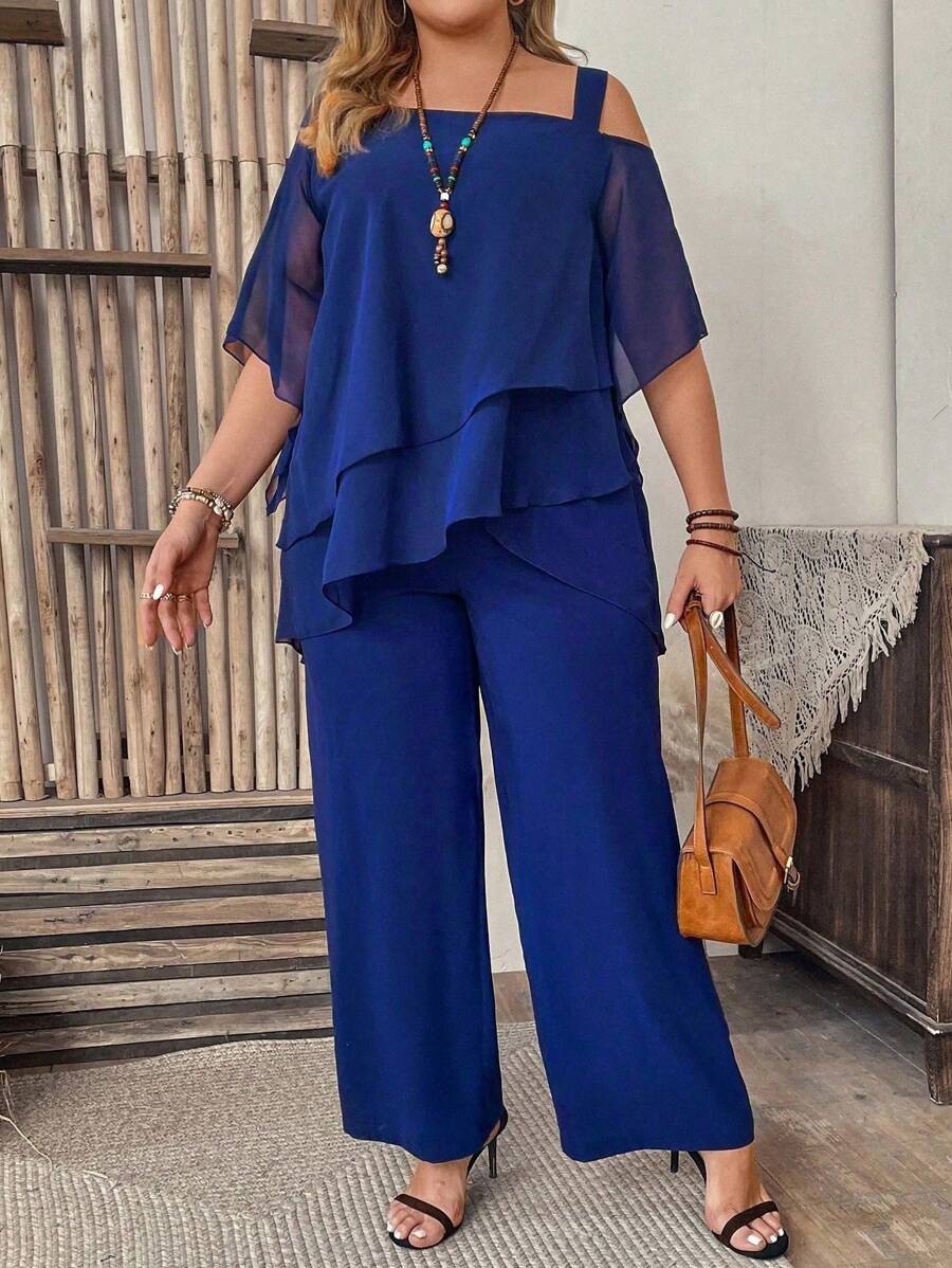 Momelise 2pcs/Set Plus Size Women Royal Blue Summer Elegant Wedding Guest Wedding Outfits,Asymmetric Collar Ruffle Hem Blouse And Pants Set Curve Clothes - Royal Blue - View 1