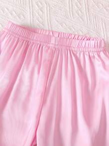 3pcs/Set Baby Girl Elegant Plain Pink Woven Collared Short Sleeve Top With Contrast Trim, Paired With Contrast Trim Pants & Shorts, Smooth & Comfortable Lounge Wear Set - Dusty Pink - View 5